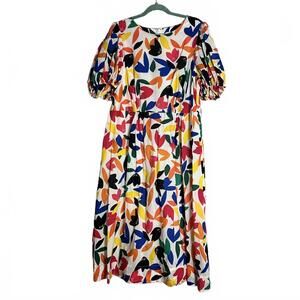 14W Calvin Klein Colorful Abstract Print Midi Dress with Puff Sleeves
